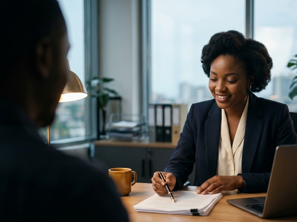 Conseillère VisionFund by AfriCap accompagnant un client dans son bureau