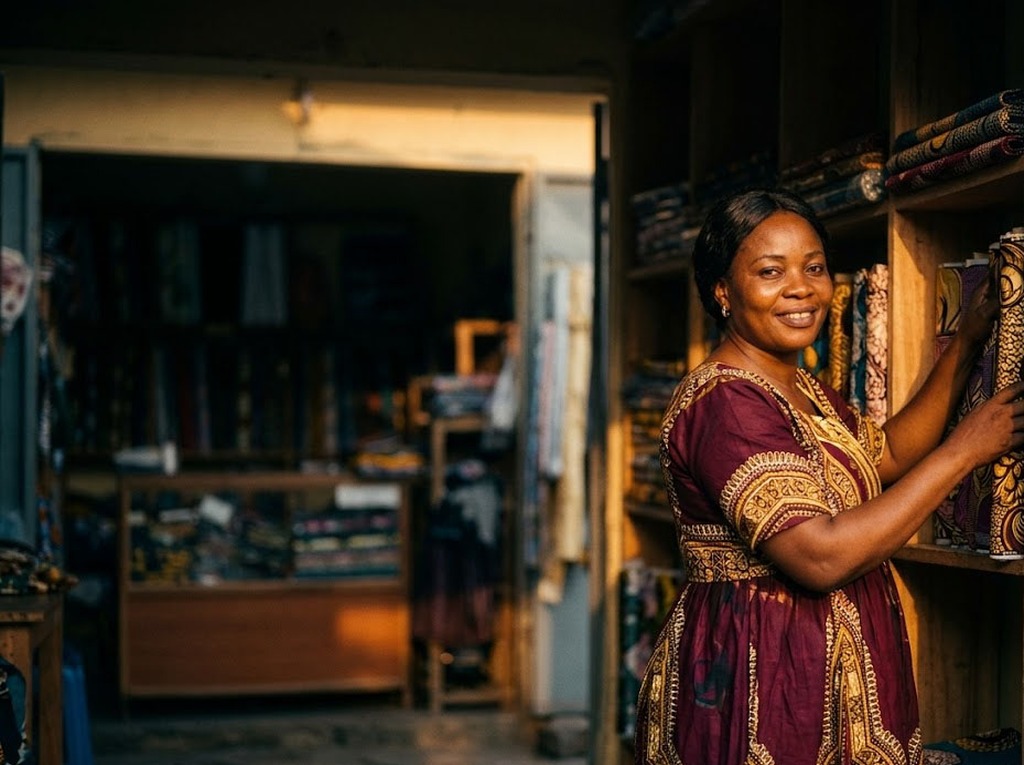 Entrepreneure congolaise dans sa boutique de tissus